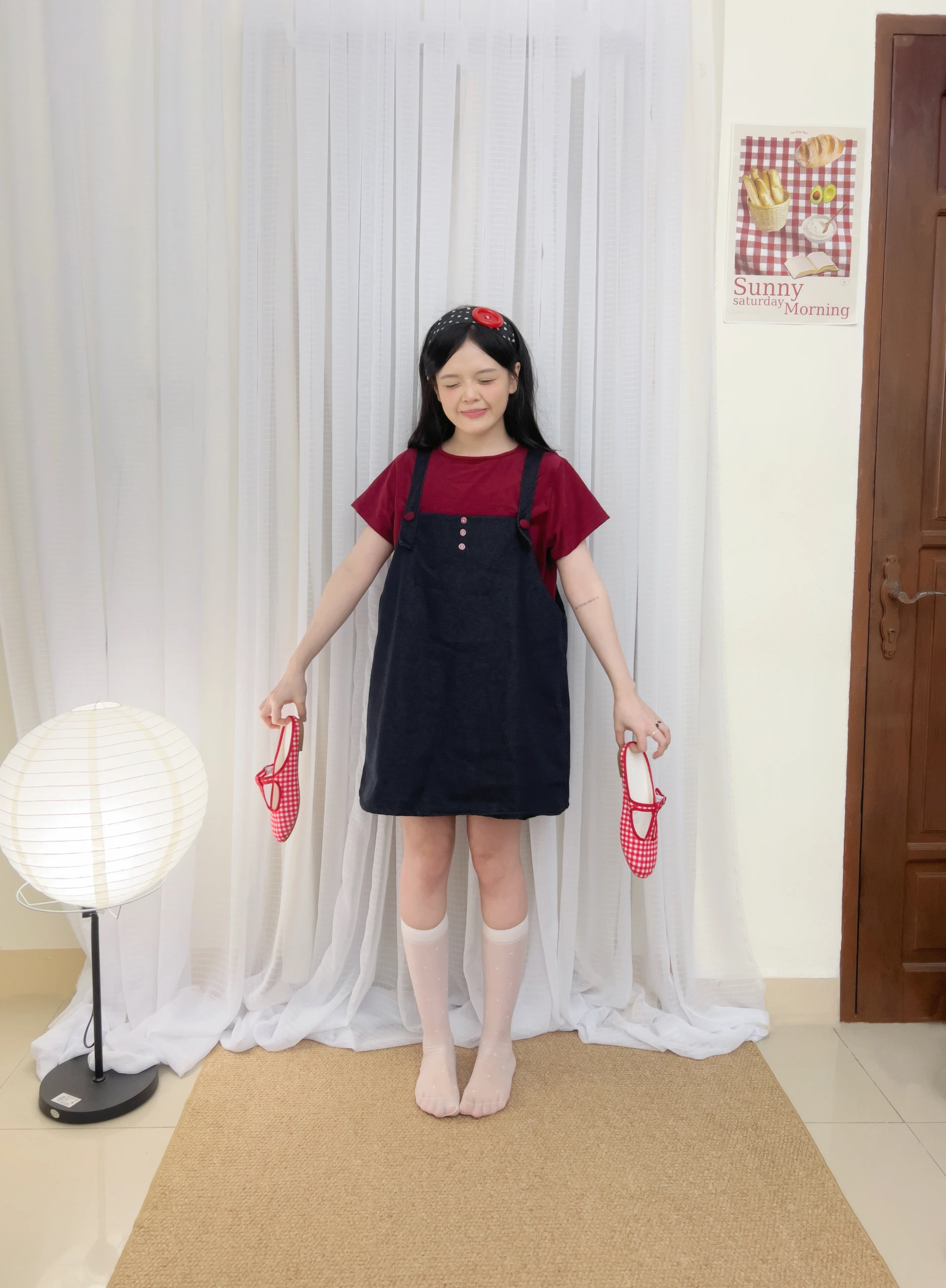  Set babydoll áo đỏ + yếm denim 