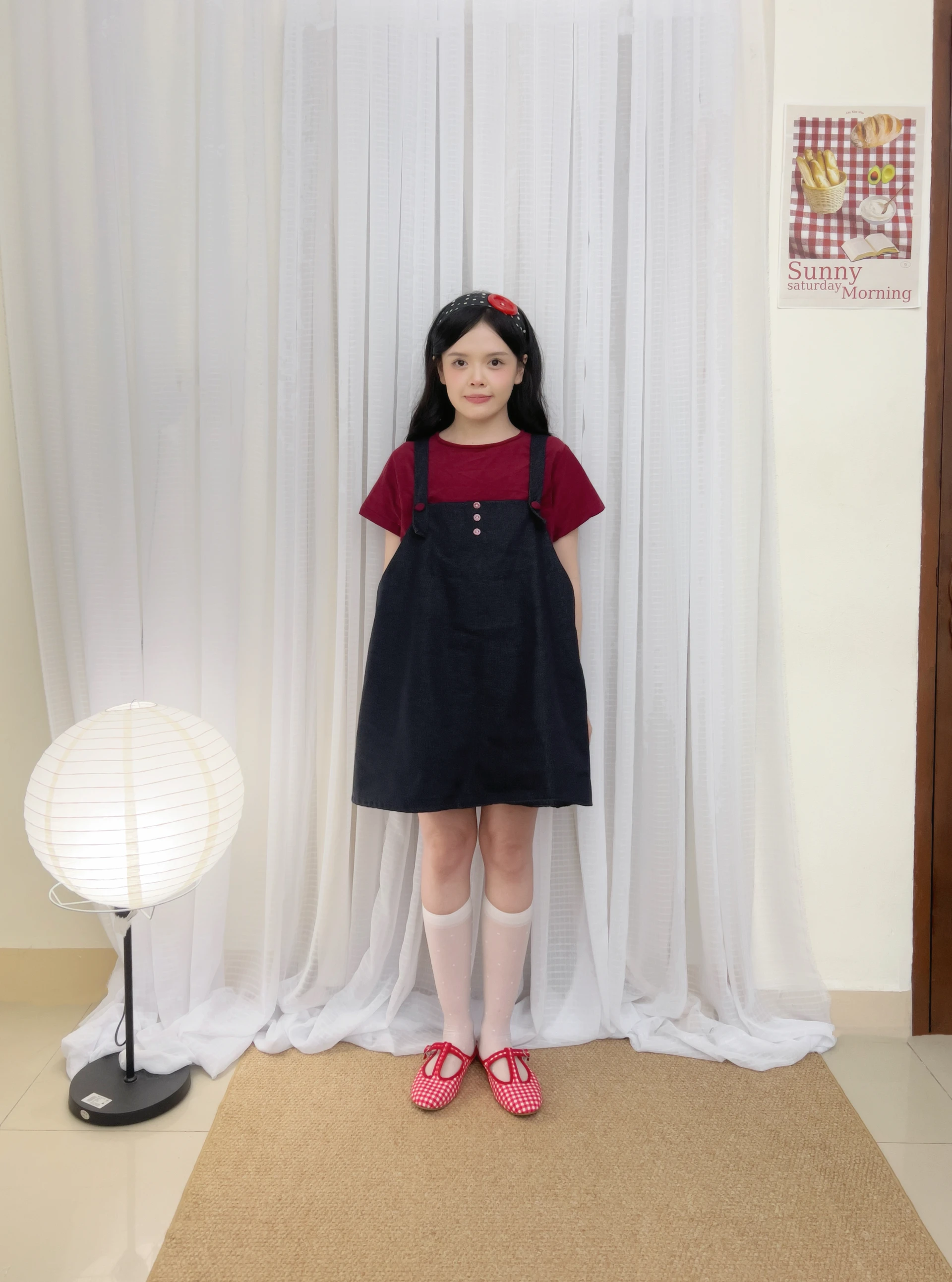 Set babydoll áo đỏ + yếm denim