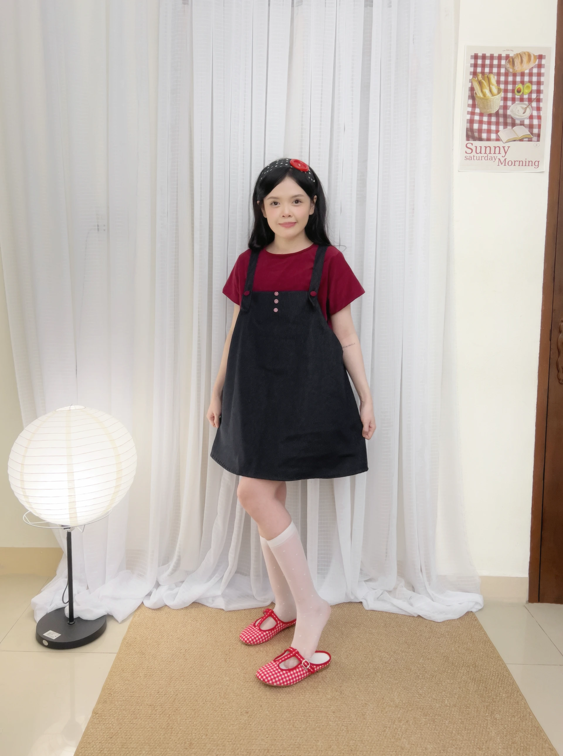 Set babydoll áo đỏ + yếm denim