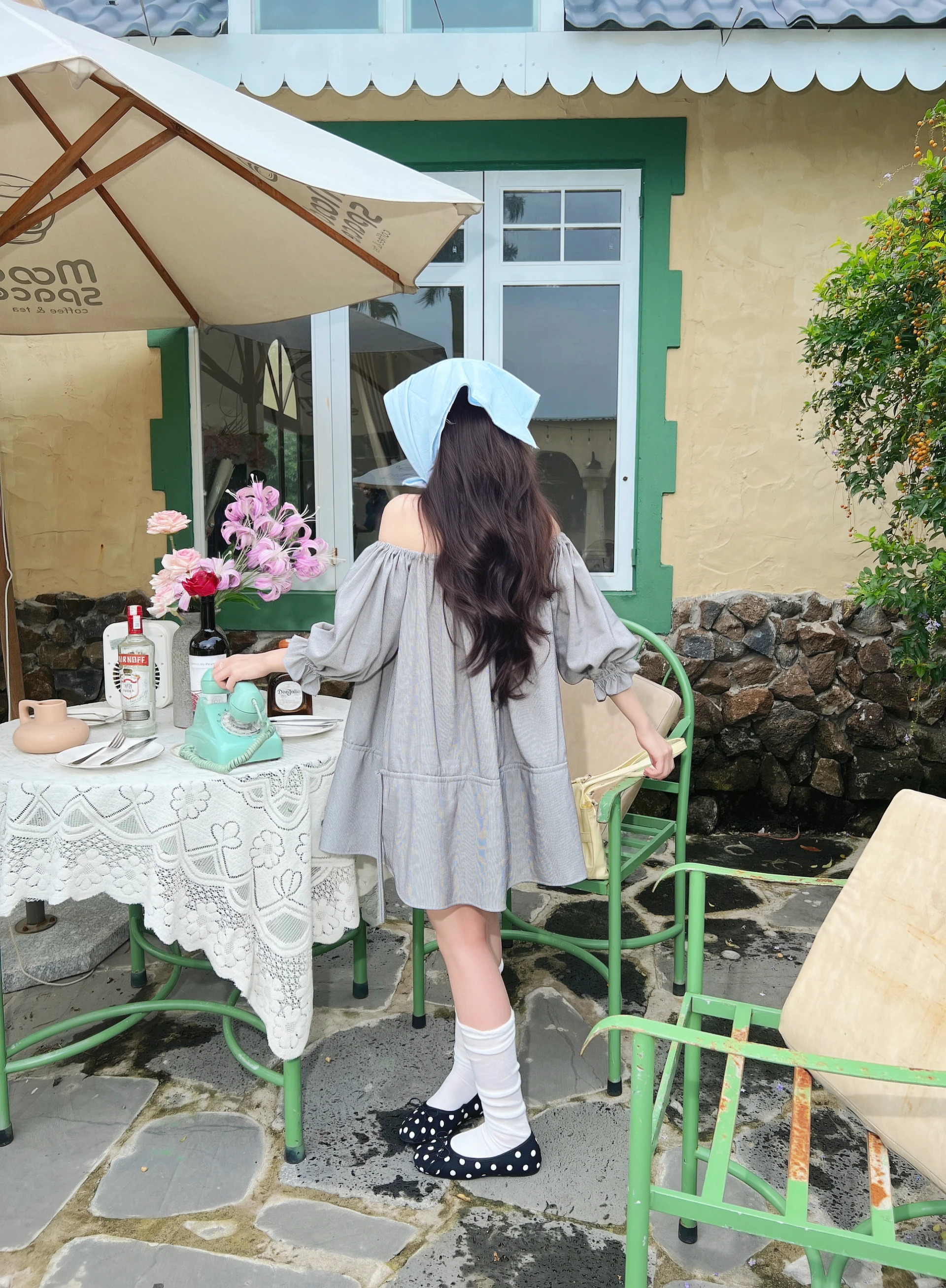 Set babydoll bệt vai kẻ sọc đen rút dây kèm bảo hộ đen
