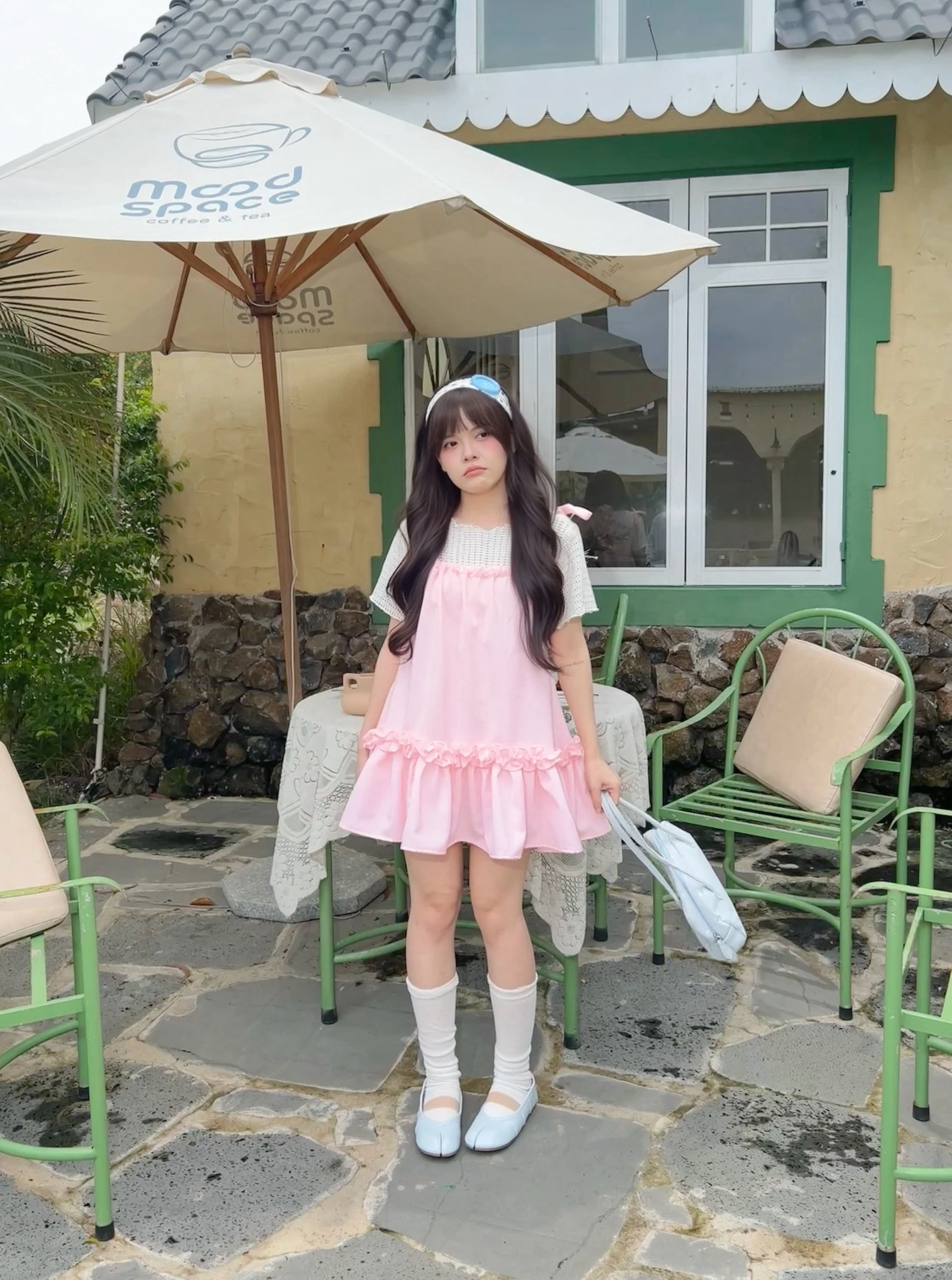  Set babydoll áo thun lưới + yếm hồng 