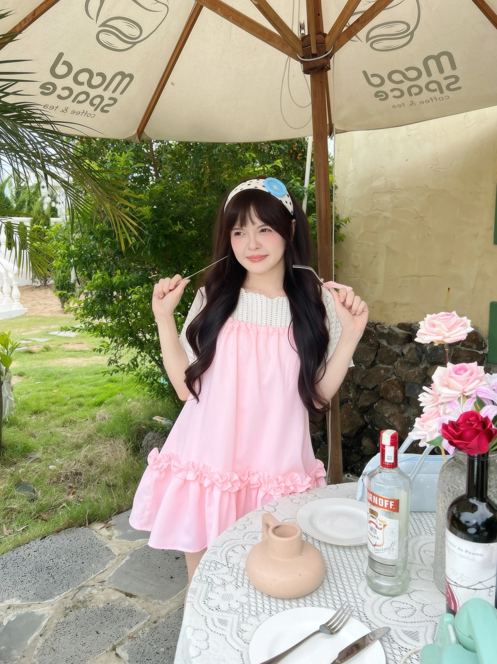 Set babydoll áo thun lưới + yếm hồng