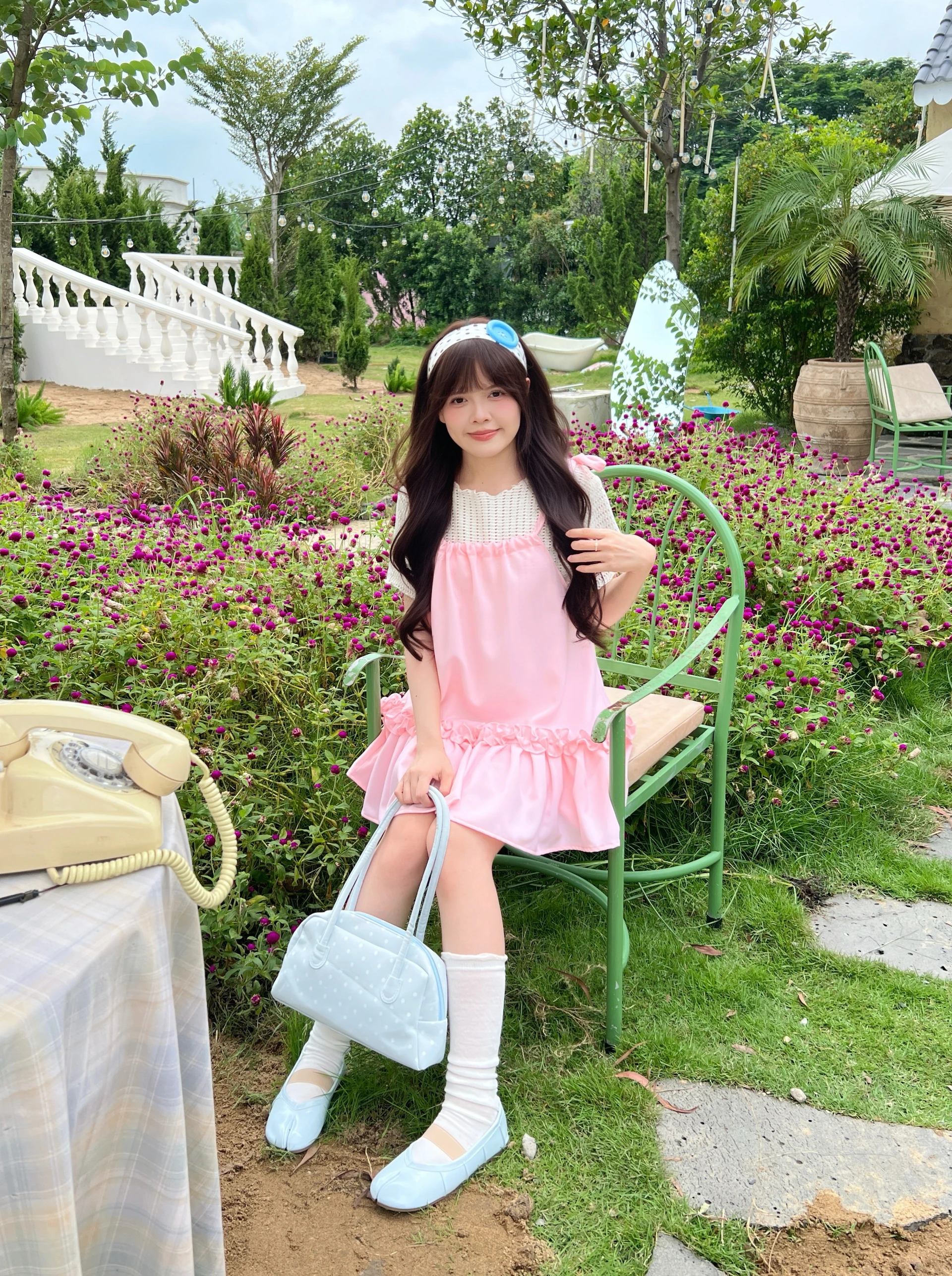 Set babydoll áo thun lưới + yếm hồng