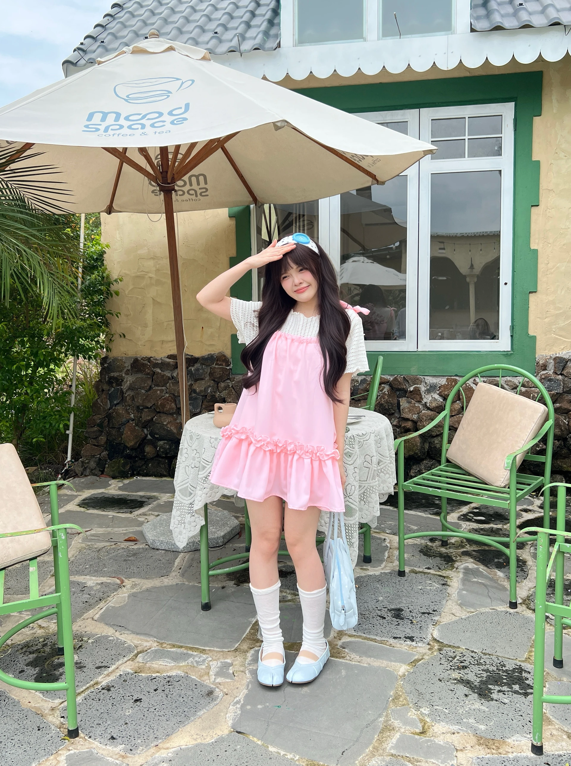 Set babydoll áo thun lưới + yếm hồng