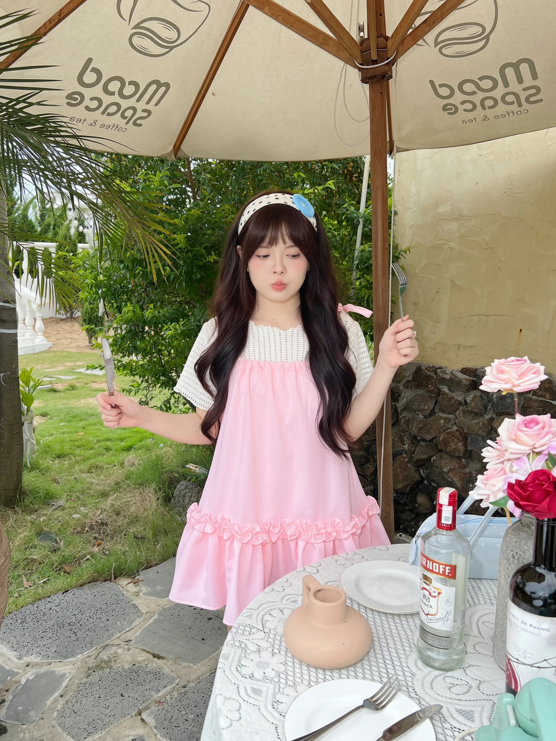 Set babydoll áo thun lưới + yếm hồng