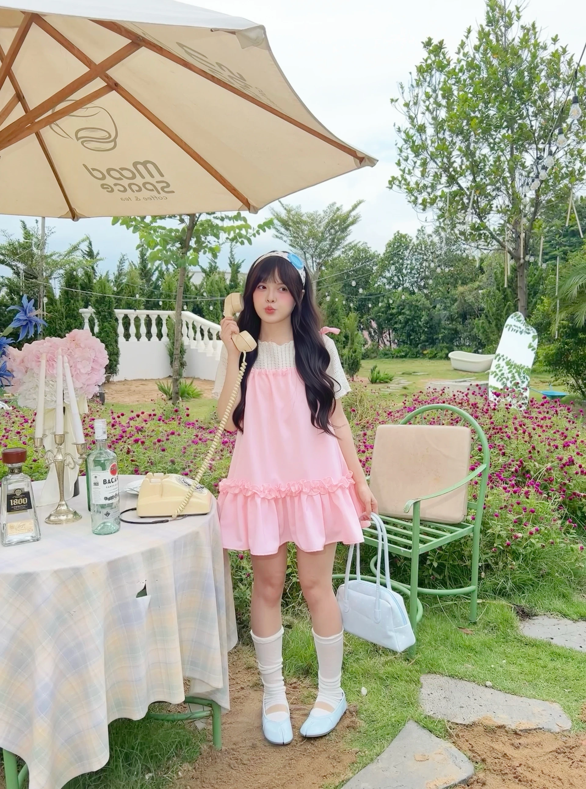 Set babydoll áo thun lưới + yếm hồng