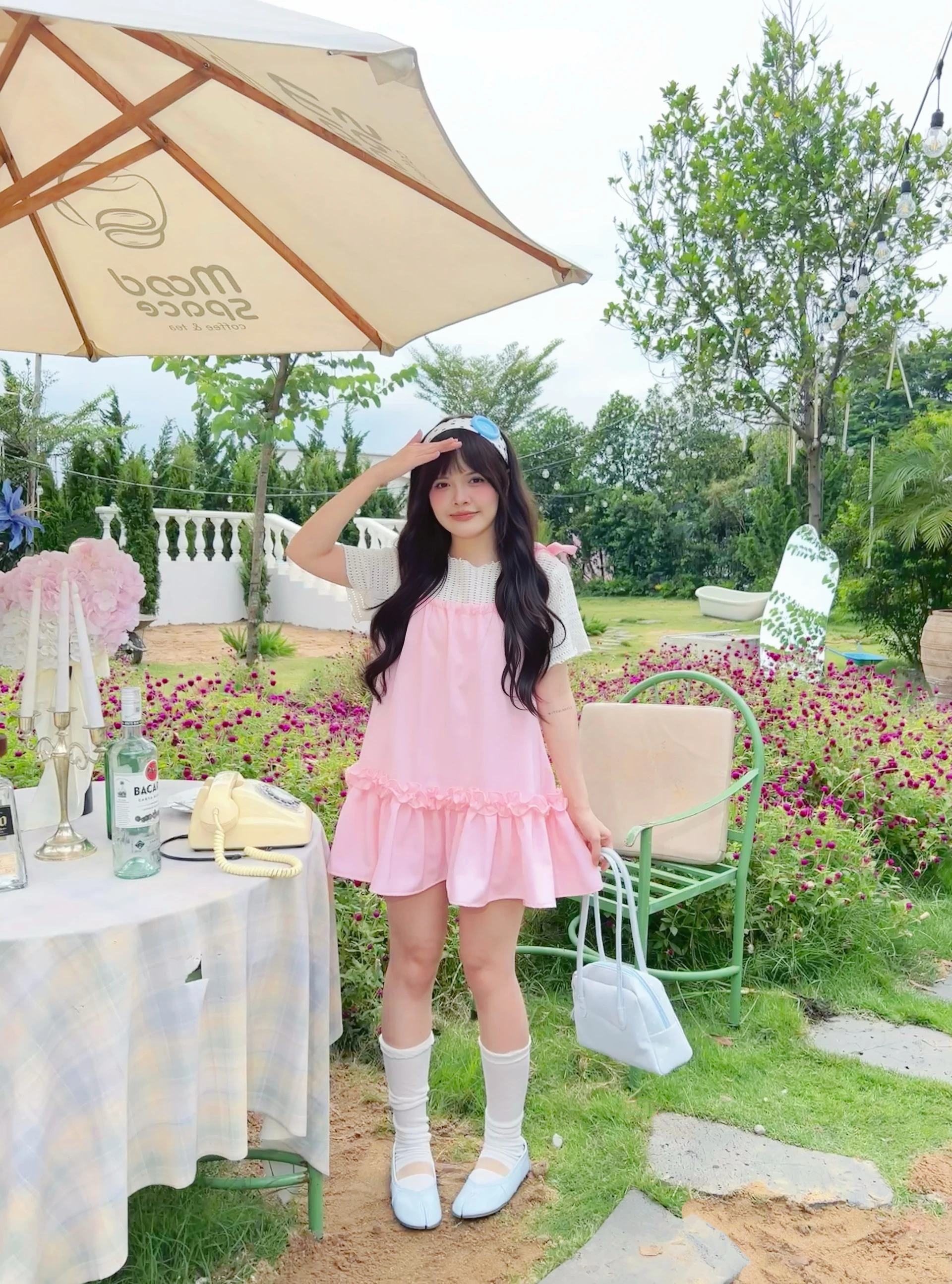Set babydoll áo thun lưới + yếm hồng